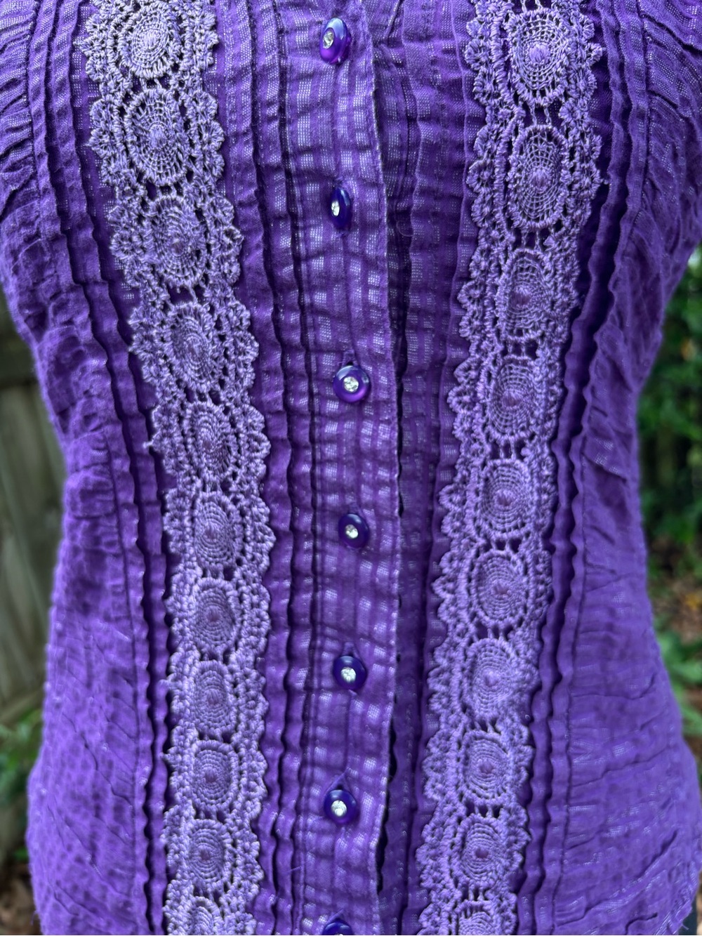 Royal Purple Button-Up Blouse with Lace Detailing - Picture 2 of 5